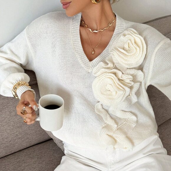 Apricot Casual Women's Elegant 3d Floral Decor Sweater - Picture 6 of 6